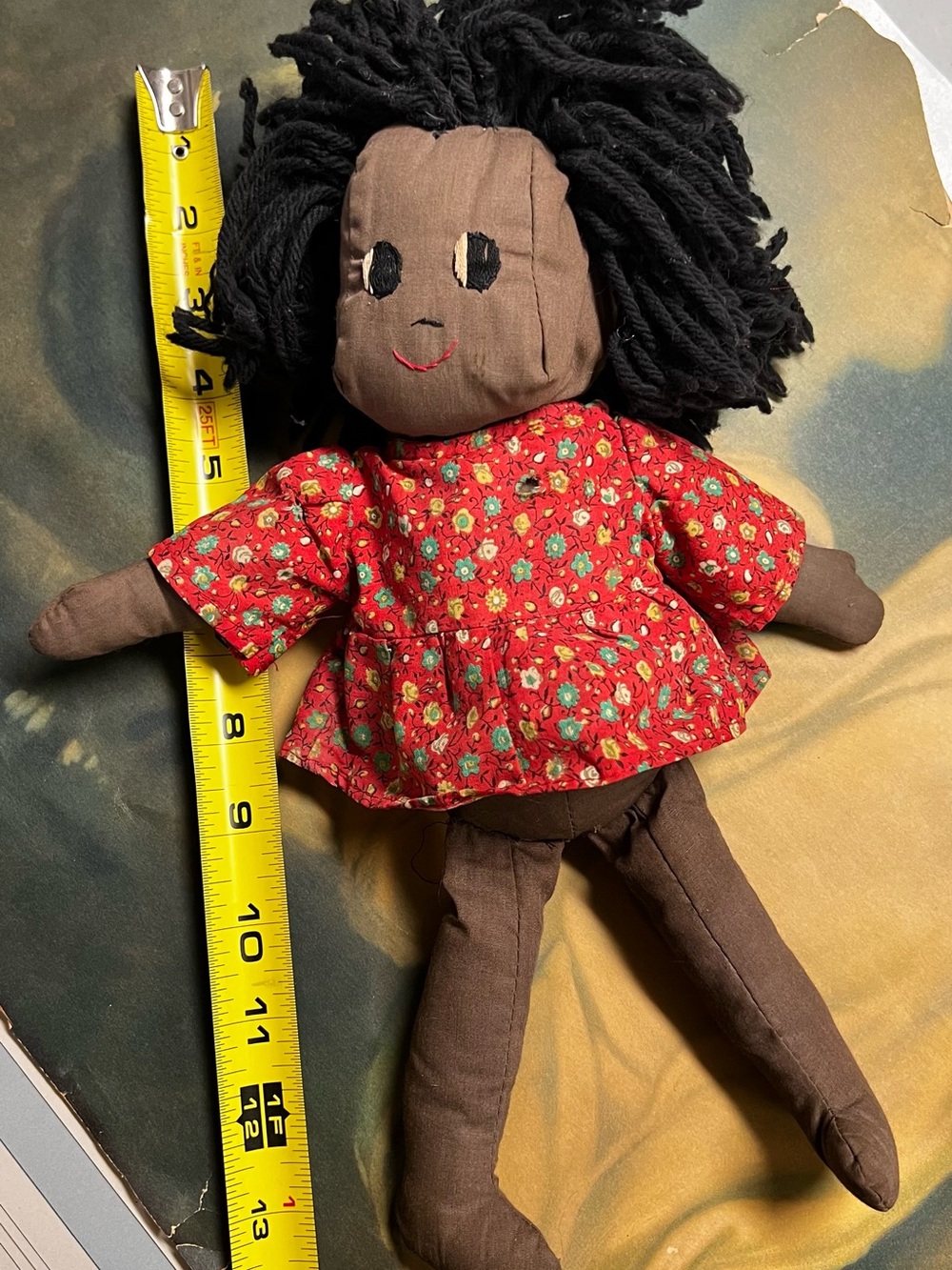 Handmade Brown Cloth Doll with Red Floral Dress